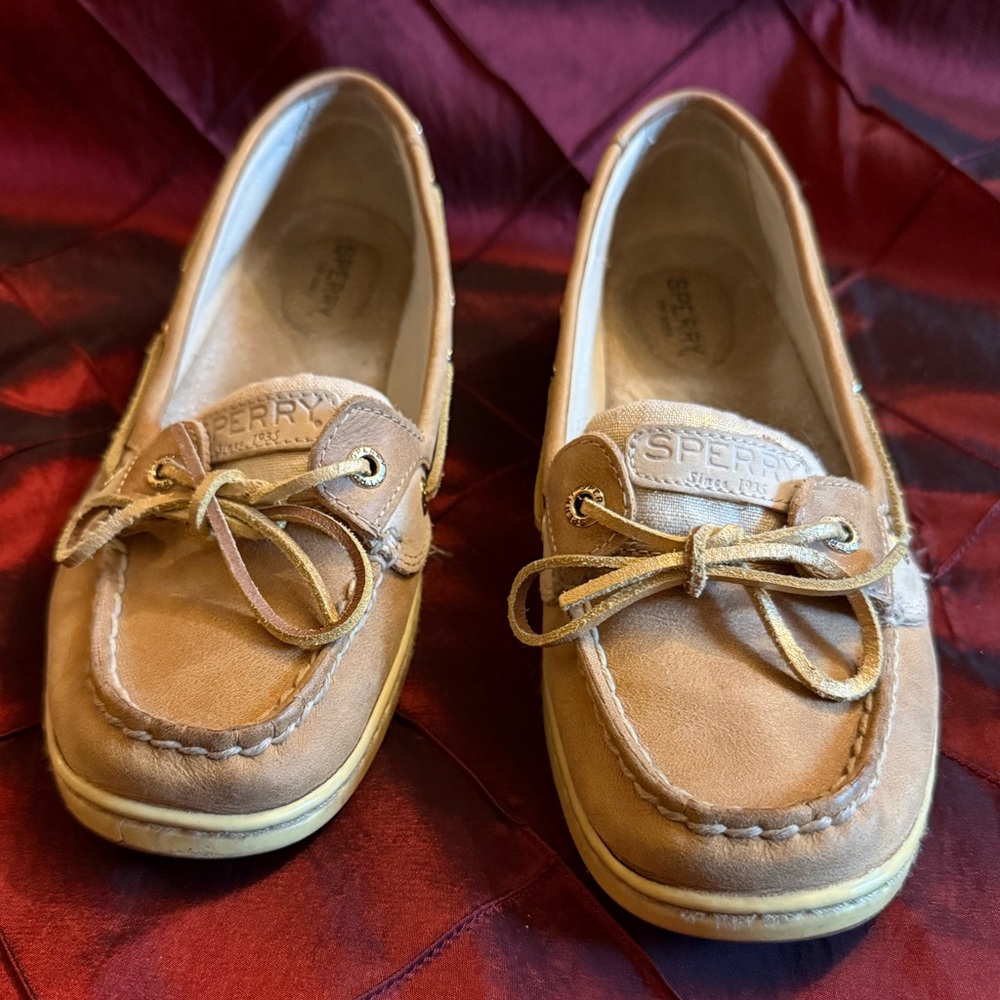 SOLD Sperry 1 Eye Angelfish Tan & Gold Leather Top Sider Boat Shoes Size 8.5 M